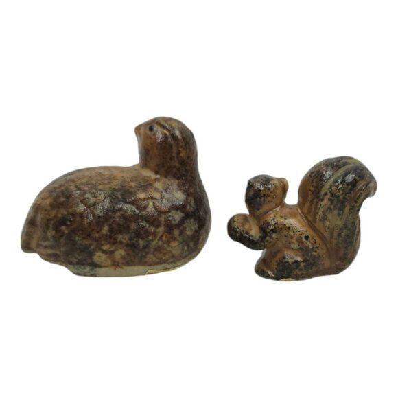 Napcoware Import Miniature Quail Squirrel Vintage 60s Ceramic Speckled Figurines - Picture 2 of 13